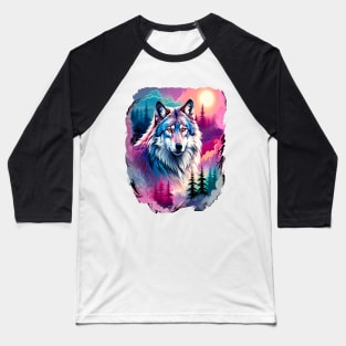 A Grey Wolf with Mountains, Floral Elements, Forests, Trees Baseball T-Shirt